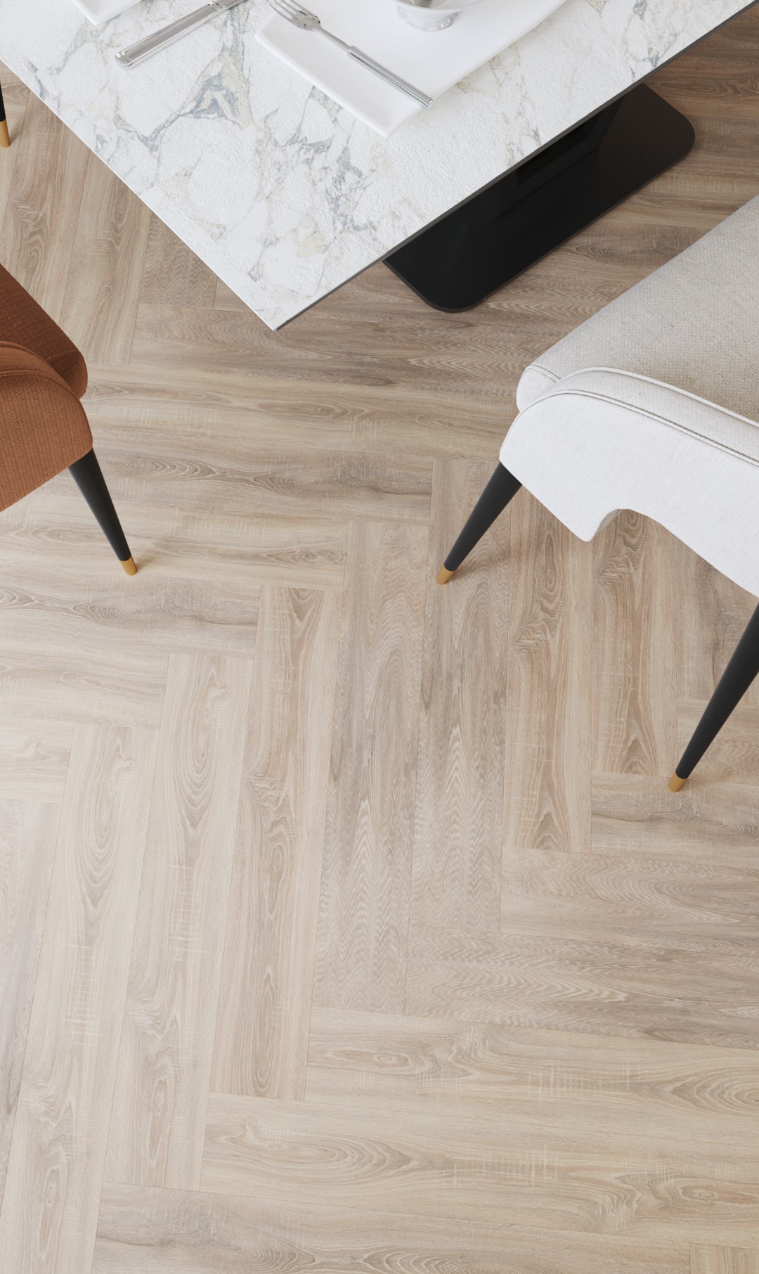 Кварцвиниловый SPC ламинат Vinilam Parquet Herringbone Паркет Монпелье IS11355 венгерская елка 720×120×6,5 фото в интерьере