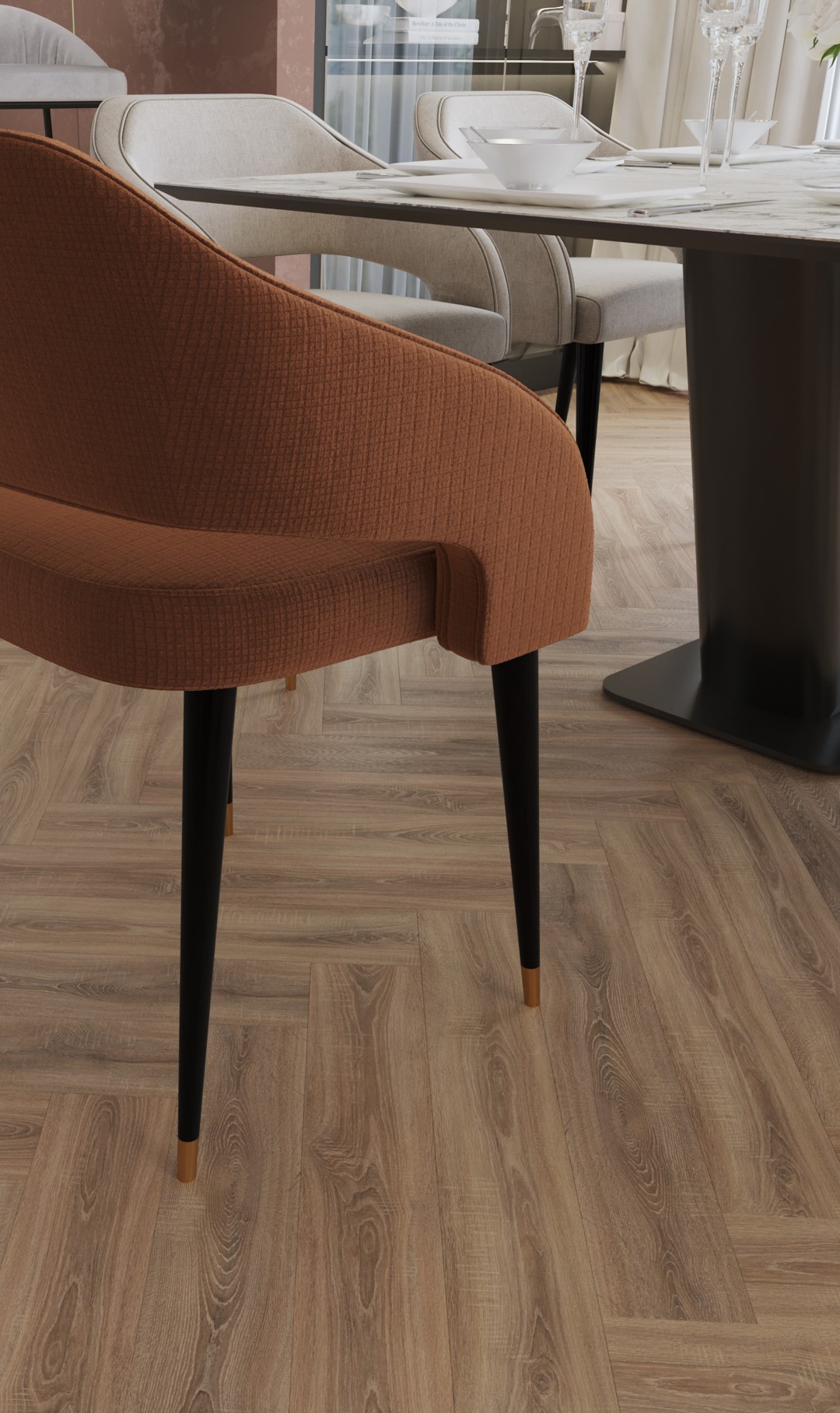 Кварцвиниловый SPC ламинат Vinilam Parquet Herringbone Паркет Монпелье IS11355 венгерская елка 720×120×6,5 фото в интерьере