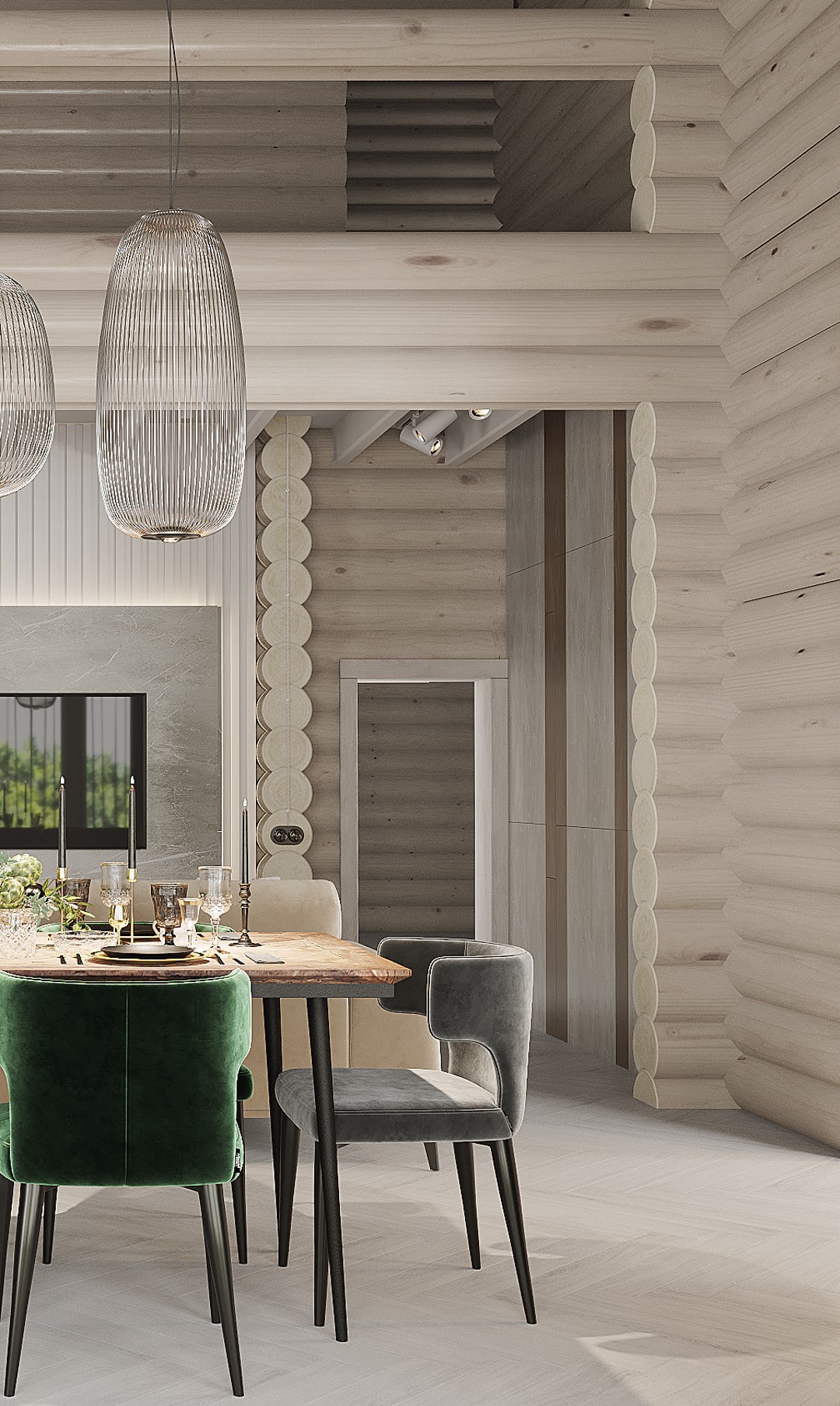 Кварцвиниловый SPC ламинат Vinilam Parquet Herringbone Паркет Санторини IS11366 венгерская елка 720×120×6,5 фото в интерьере