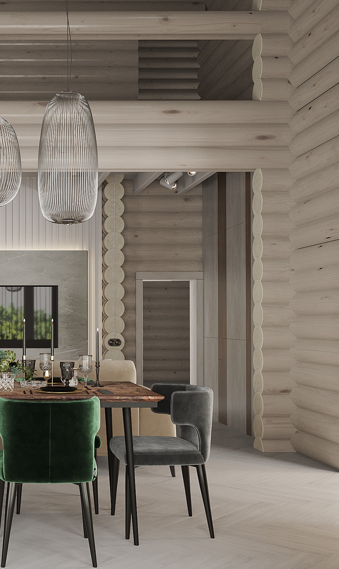 Кварцвиниловый SPC ламинат Vinilam Parquet Herringbone Паркет Санторини IS11366 венгерская елка 720×120×6,5 фото в интерьере