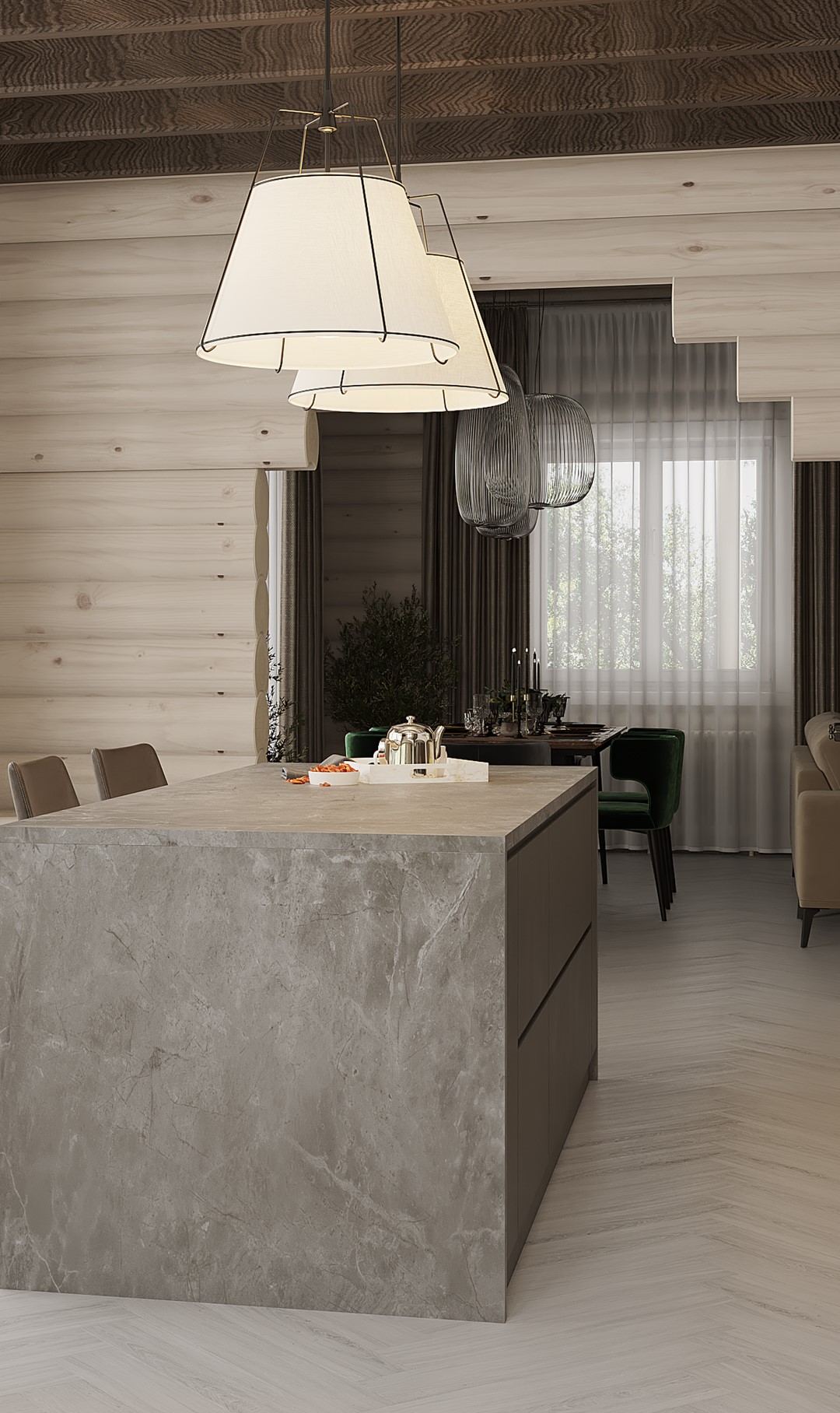 Кварцвиниловый SPC ламинат Vinilam Parquet Herringbone Паркет Санторини IS11366 венгерская елка 720×120×6,5 фото в интерьере