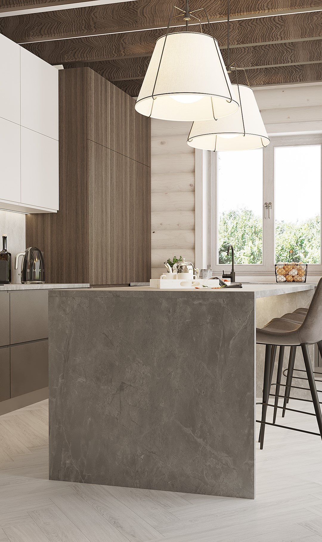 Кварцвиниловый SPC ламинат Vinilam Parquet Herringbone Паркет Санторини IS11366 венгерская елка 720×120×6,5 фото в интерьере