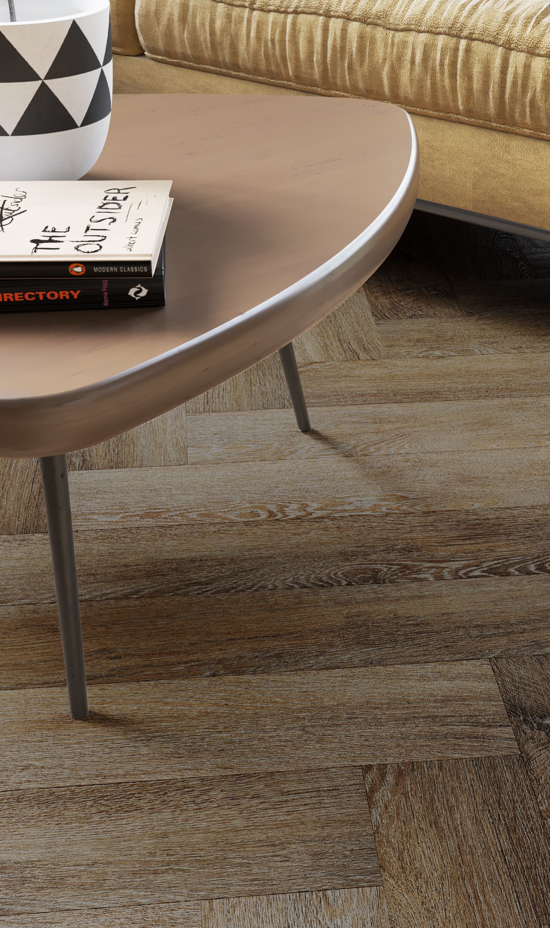 Кварцвиниловый SPC ламинат Vinilam Parquet Herringbone Паркет Тусон IS11377 венгерская елка 720×120×6,5 фото в интерьере