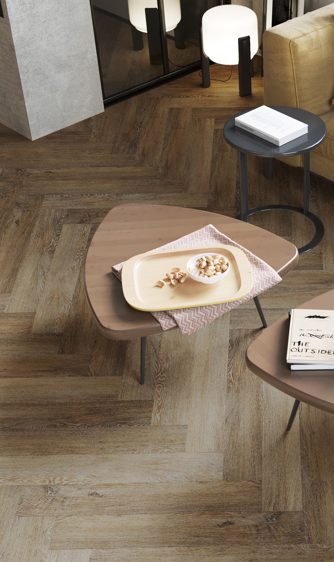 Кварцвиниловый SPC ламинат Vinilam Parquet Herringbone Паркет Тусон IS11377 венгерская елка 720×120×6,5 фото в интерьере