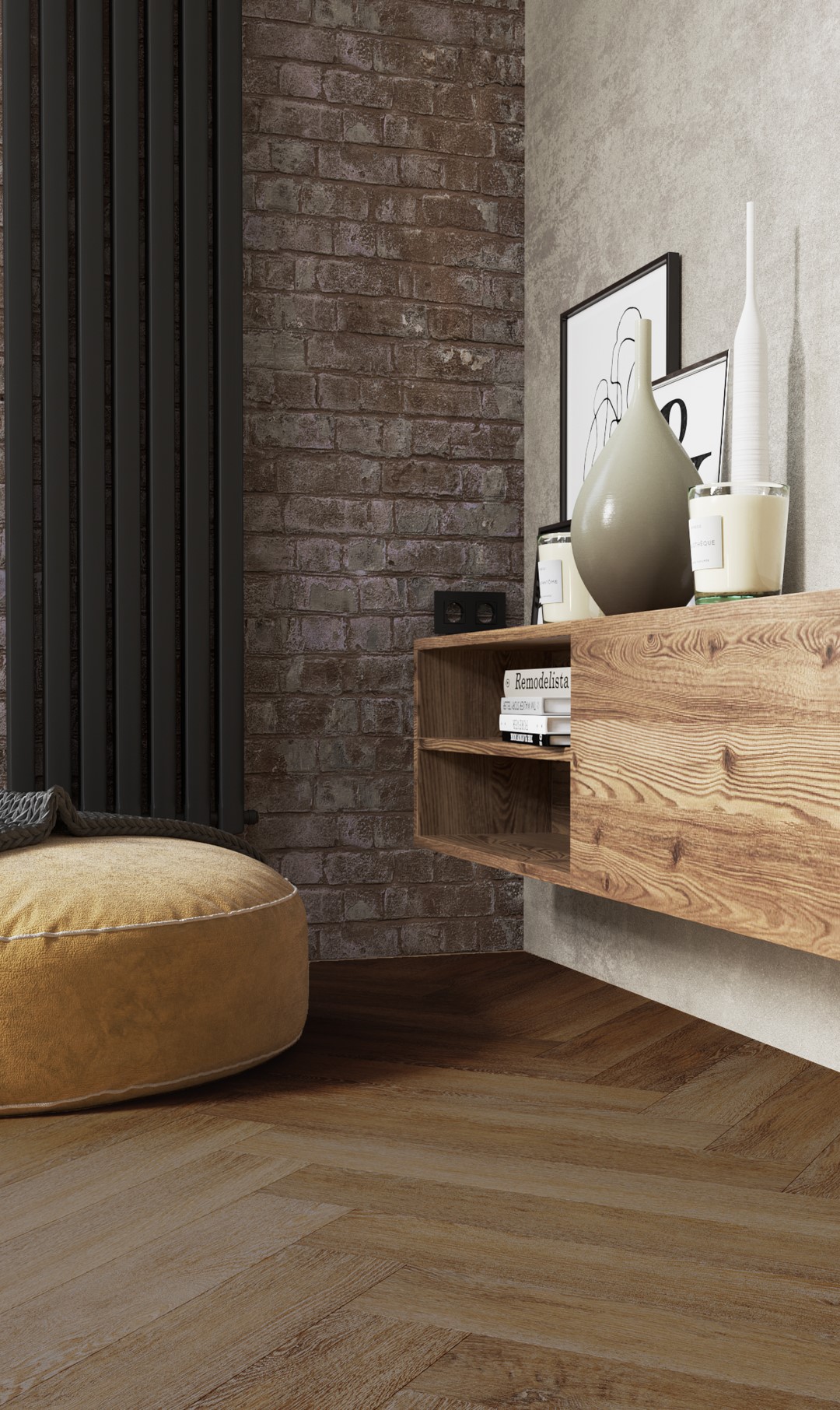 Кварцвиниловый SPC ламинат Vinilam Parquet Herringbone Паркет Тусон IS11377 венгерская елка 720×120×6,5 фото в интерьере