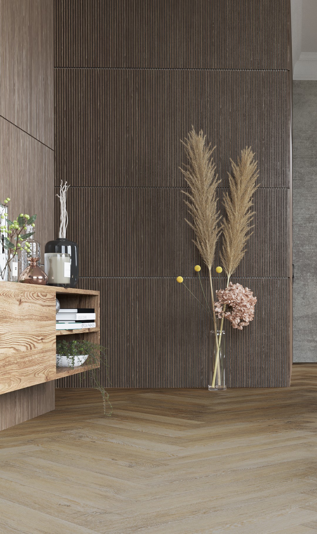 Кварцвиниловый SPC ламинат Vinilam Parquet Herringbone Паркет Тусон IS11377 венгерская елка 720×120×6,5 фото в интерьере