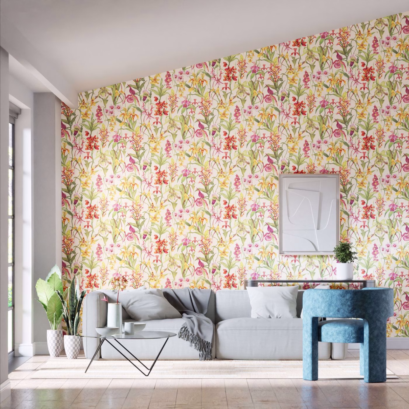 Обои Harlequin Colour 4 Kalina Parchment/Forest/Azalea 113009 10,05×0,686 фото в интерьере