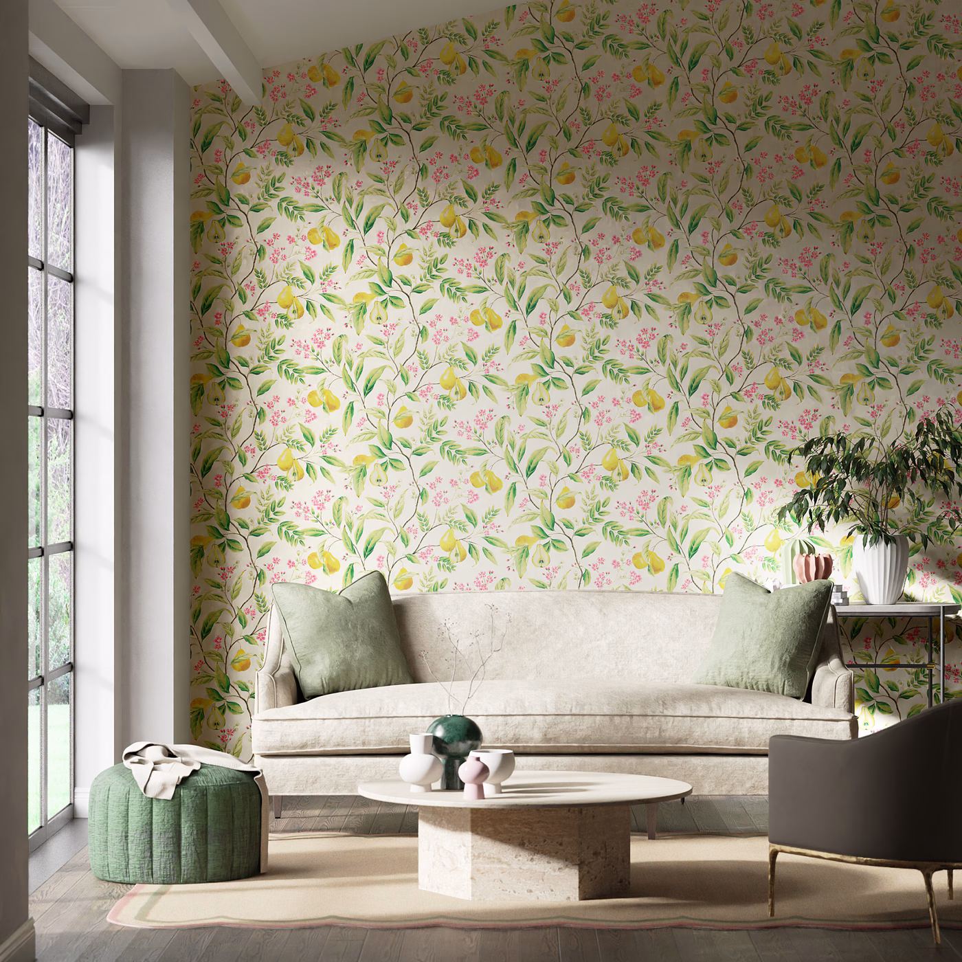 Обои Harlequin Diane Hill Marie Fig leaf/Honey/Blossom 112909 10,05×0,686 фото в интерьере