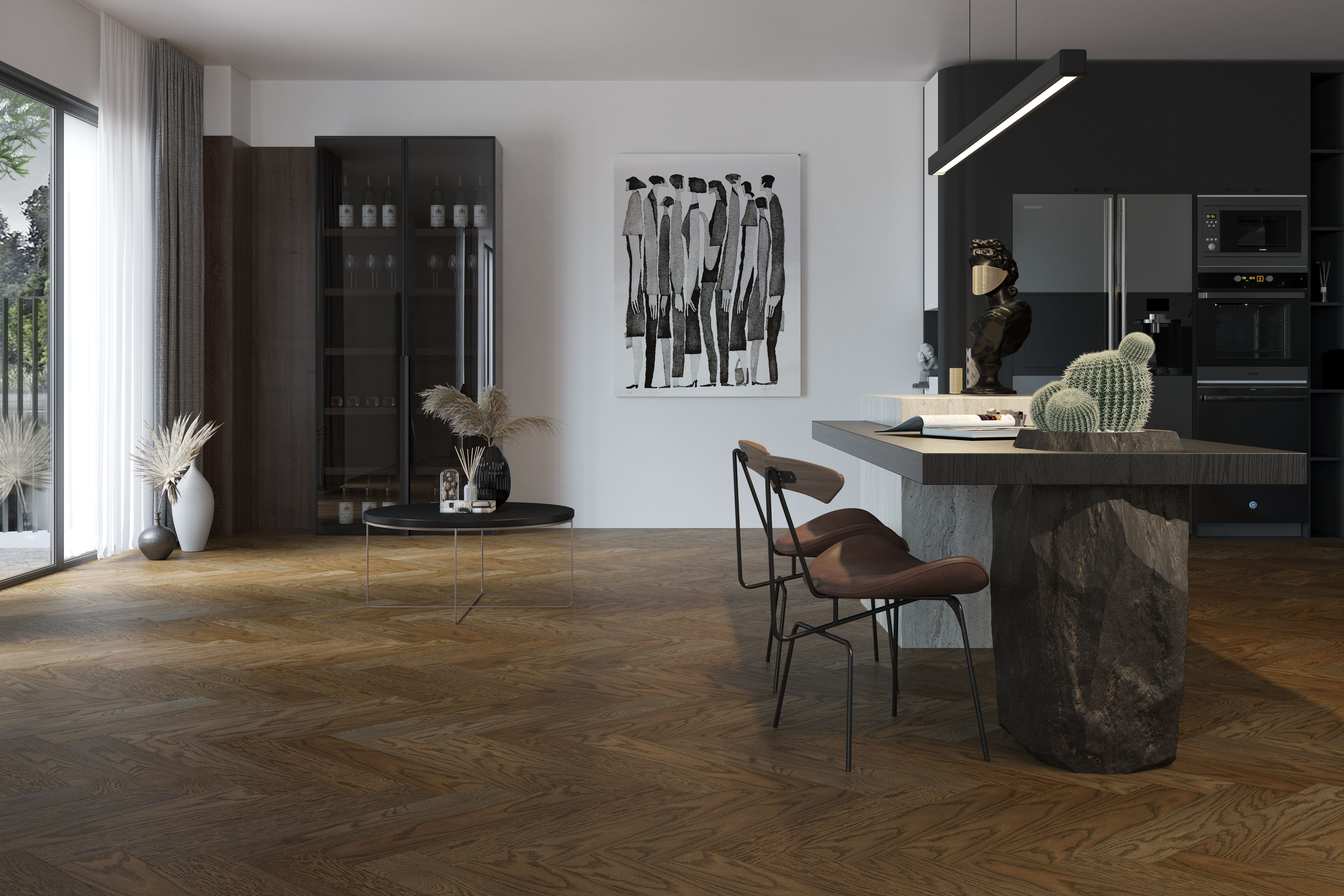 Композитная паркетная доска Quartz Parquet Штучный паркет Дуб Брауни 44-413 венгерская елка 400×100×5 фото в интерьере