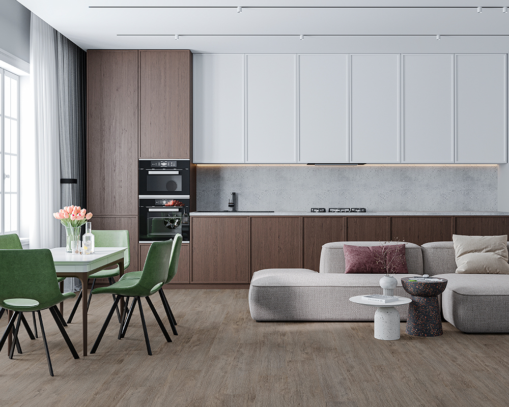 Кварцвиниловый SPC ламинат Alta Step Perfecto Дуб серый SPC 8801 1218×180×5 фото в интерьере