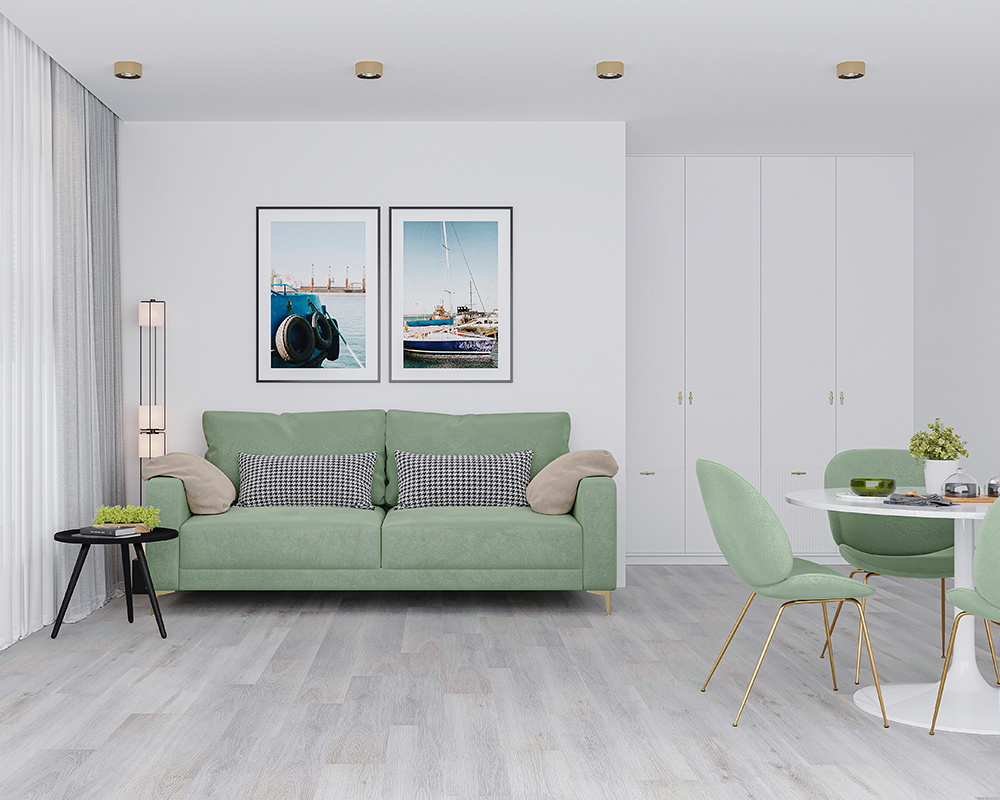 Кварцвиниловый SPC ламинат Alta Step Nativo Дуб снежный SPC 2201 1218×180×4 фото в интерьере