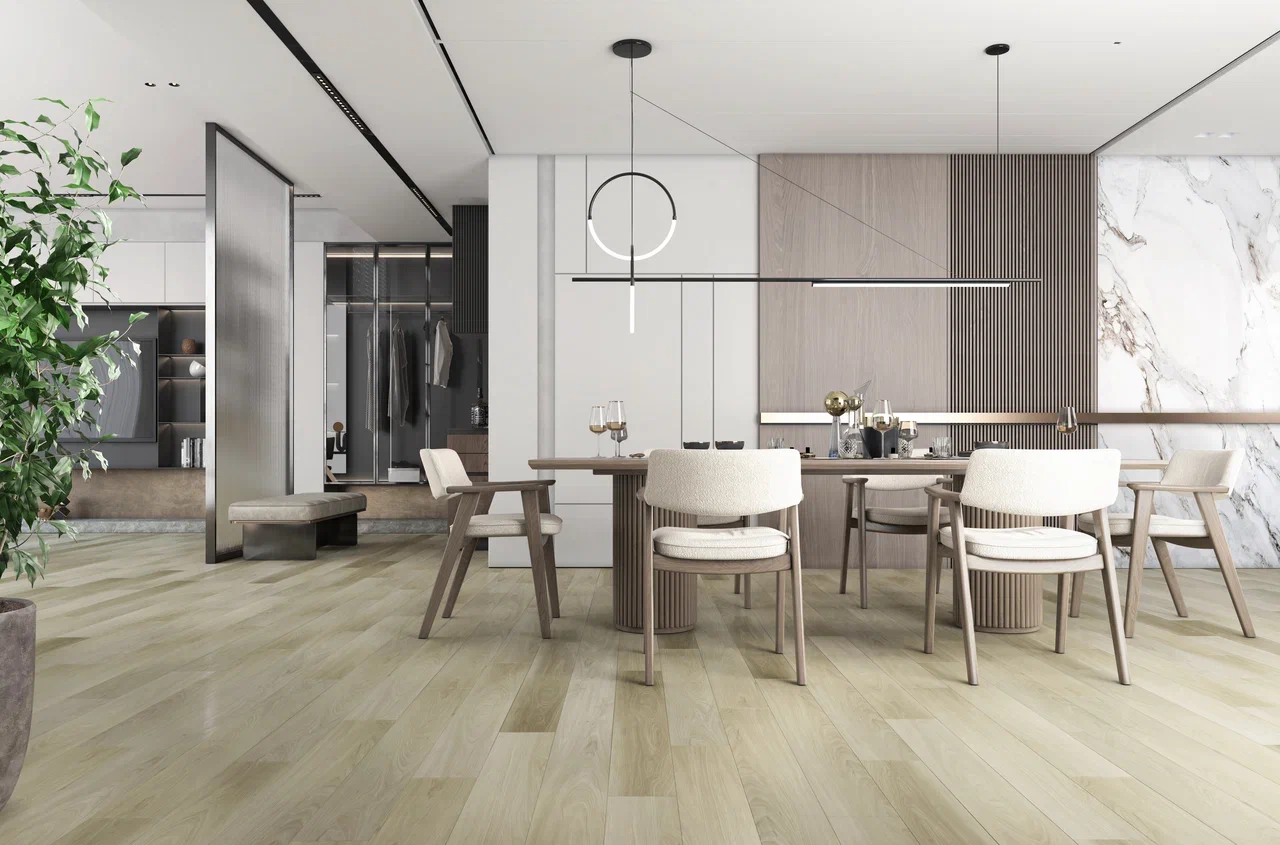 Кварцвиниловый SPC ламинат Fargo Bevel Вяз Оксфорд 50-2101-05 1524×182×6 фото в интерьере