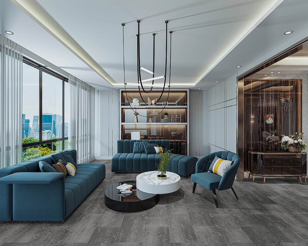 Кварцвиниловый SPC ламинат Alta Step Arriba Гранит темный SPC 9903 610×305×5 фото в интерьере