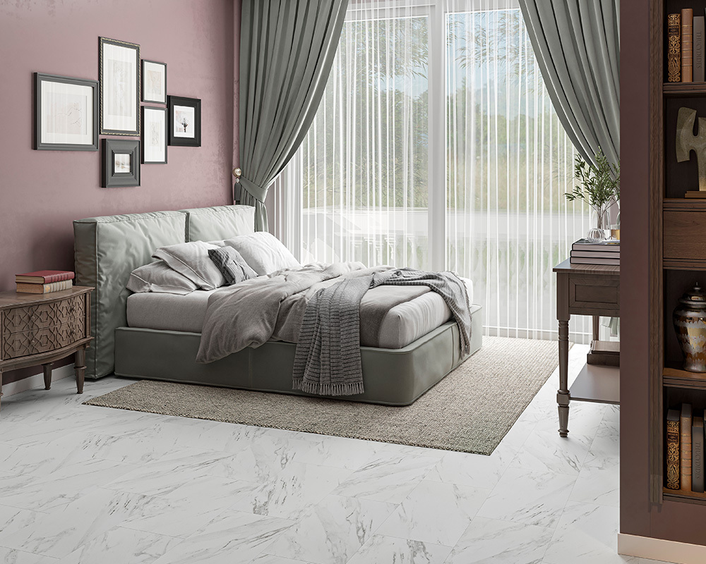 Кварцвиниловый SPC ламинат Alta Step Arriba Мрамор белый SPC 9905 610×305×5 фото в интерьере