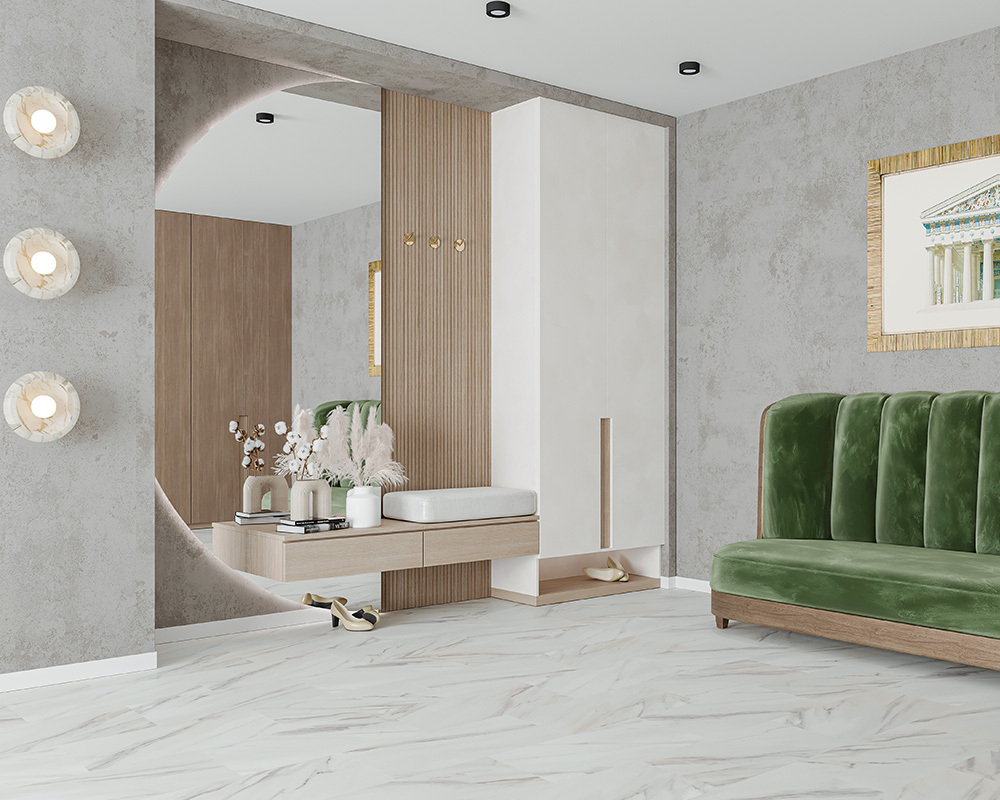 Кварцвиниловый SPC ламинат Alta Step Arriba Мрамор саянский SPC 9908 610×305×5 фото в интерьере