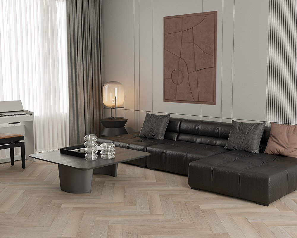 Кварцвиниловый SPC ламинат Alta Step Mirada Дуб скандинавский SPC4402 венгерская ёлка 640×128×4 фото в интерьере