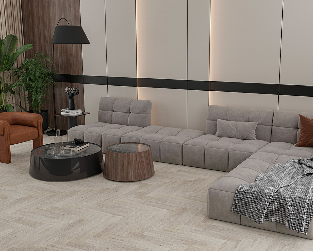 Кварцвиниловый SPC ламинат Alta Step Mirada Дуб финский SPC4403 венгерская ёлка 640×128×4 фото в интерьере