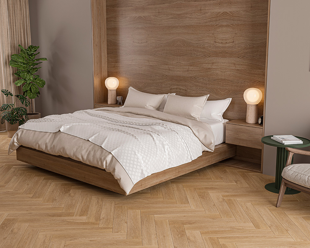 Кварцвиниловый SPC ламинат Alta Step Mirada Дуб румынский SPC4406 венгерская ёлка 640×128×4 фото в интерьере