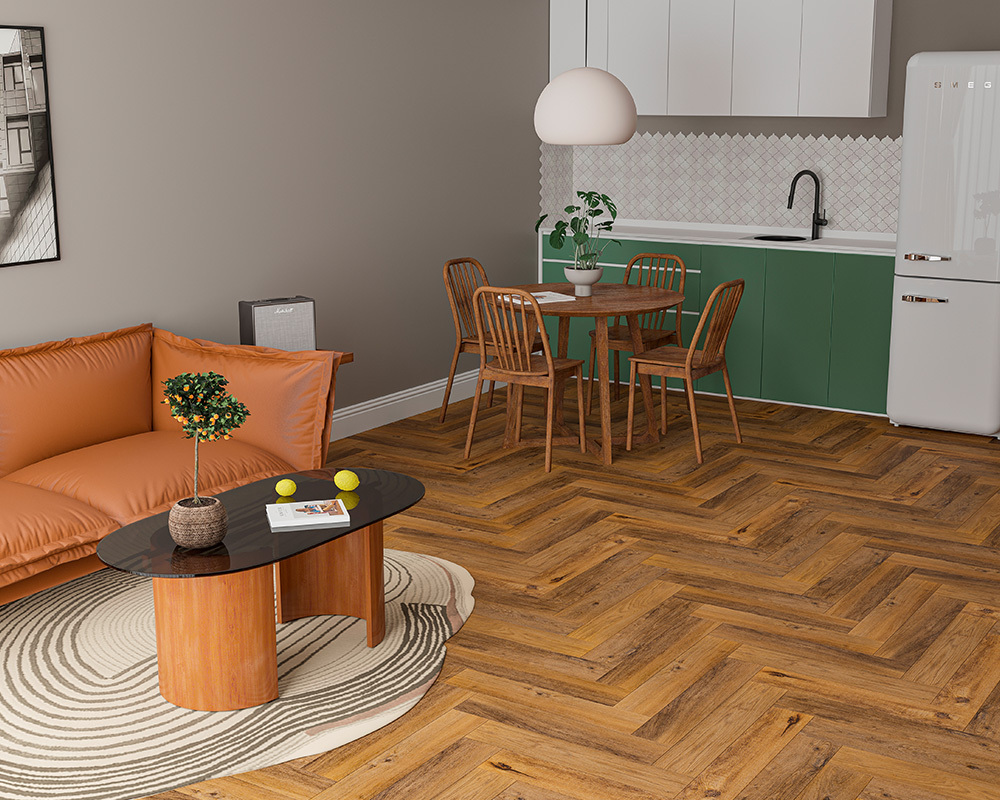 Кварцвиниловый SPC ламинат Alta Step Mirada Дуб австрийский SPC4407 венгерская ёлка 640×128×4 фото в интерьере