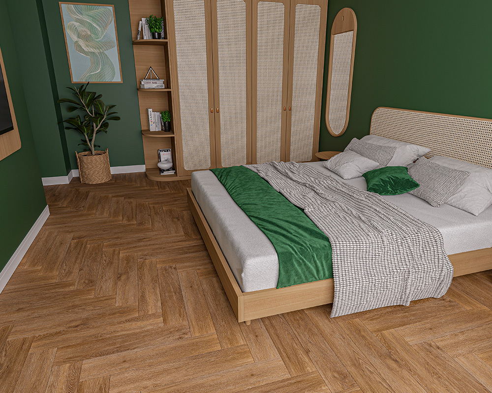 Кварцвиниловый SPC ламинат Alta Step Mirada Дуб французский SPC4408 венгерская ёлка 640×128×4 фото в интерьере