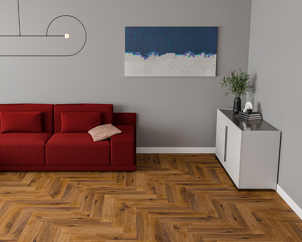 Кварцвиниловый SPC ламинат Alta Step Mirada Дуб болгарский SPC4409 венгерская ёлка 640×128×4 фото в интерьере