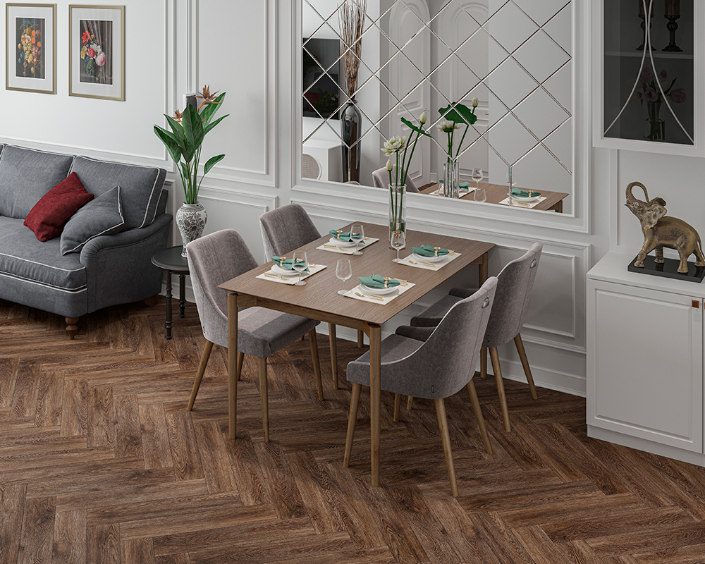 Кварцвиниловый SPC ламинат Alta Step Mirada Дуб корейский SPC4410 венгерская ёлка 640×128×4 фото в интерьере