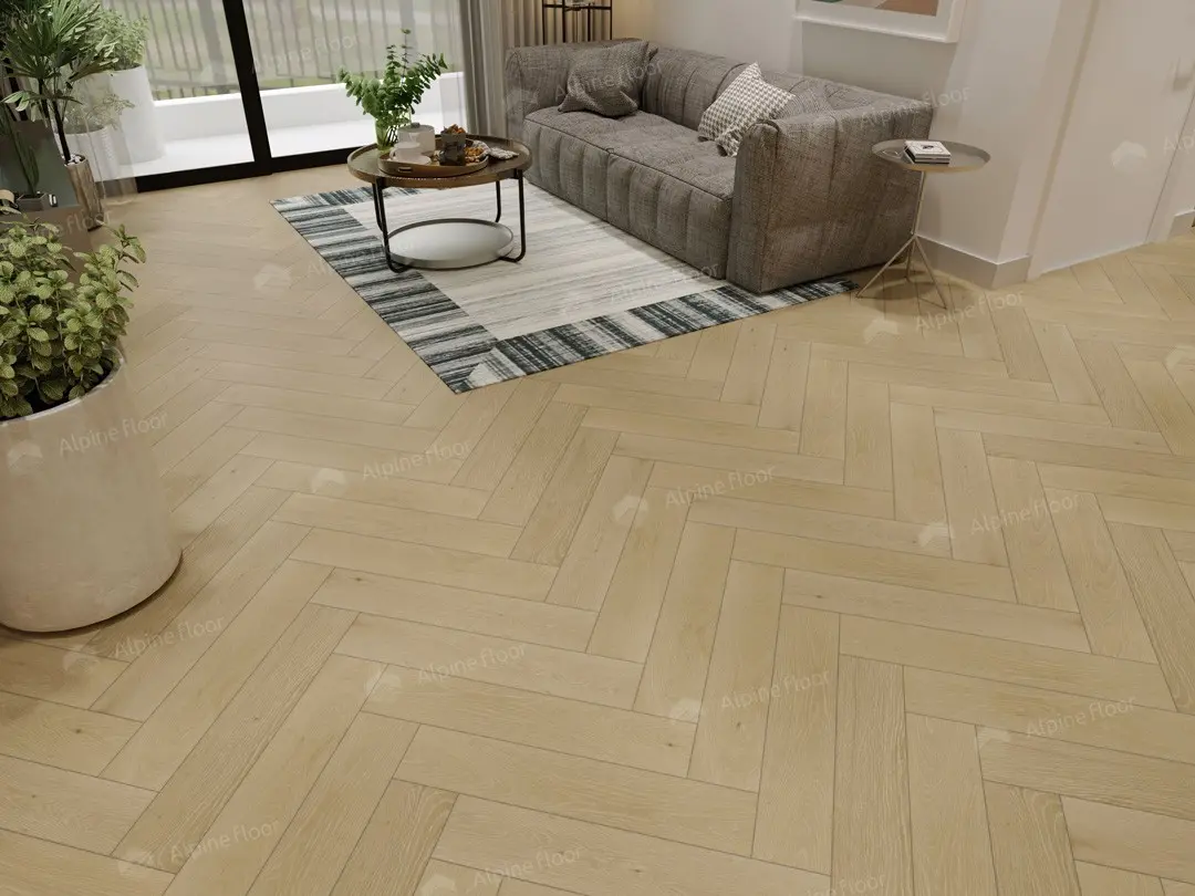 Инженерная доска Alpine Floor Castle Дуб Шампань EW202-01 венгерская елка 600×120×12 фото в интерьере