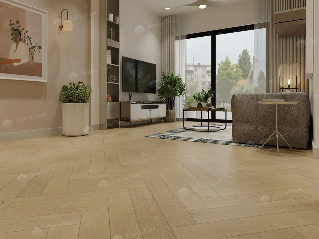 Инженерная доска Alpine Floor Castle Дуб Шампань EW202-01 венгерская елка 600×120×12 фото в интерьере