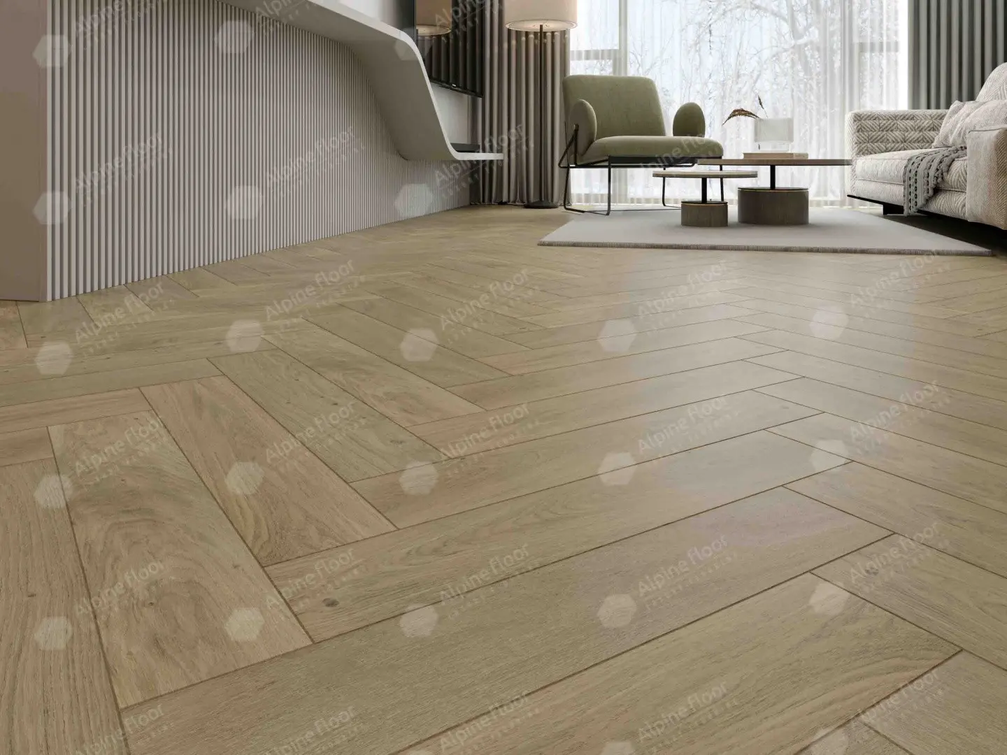 Инженерная доска Alpine Floor Castle Дуб Милкшейк EW202-02 венгерская елка 600×120×12 фото в интерьере