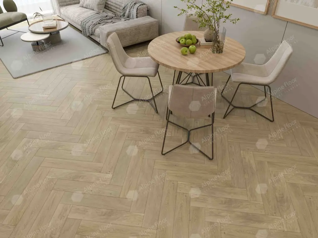 Инженерная доска Alpine Floor Castle Дуб Милкшейк EW202-02 венгерская елка 600×120×12 фото в интерьере