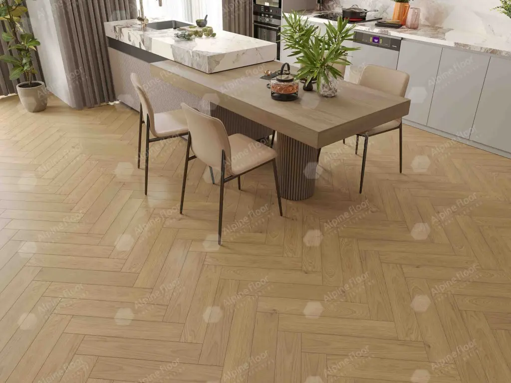 Инженерная доска Alpine Floor Castle Дуб Миндальный EW202-04 венгерская елка 600×120×12 фото в интерьере