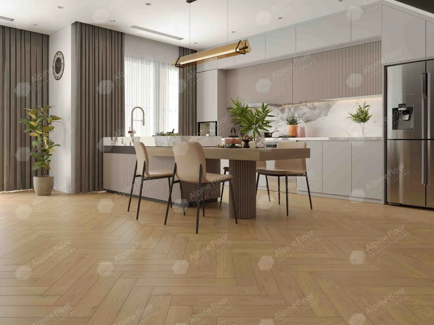 Инженерная доска Alpine Floor Castle Дуб Миндальный EW202-04 венгерская елка 600×120×12 фото в интерьере