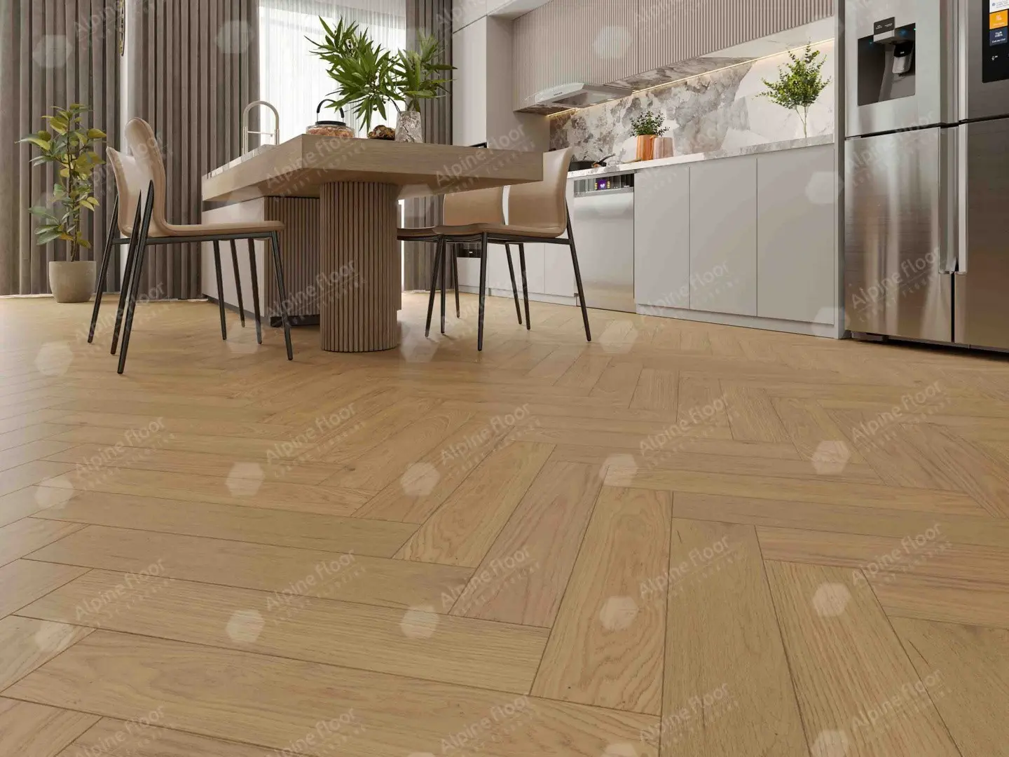 Инженерная доска Alpine Floor Castle Дуб Миндальный EW202-04 венгерская елка 600×120×12 фото в интерьере