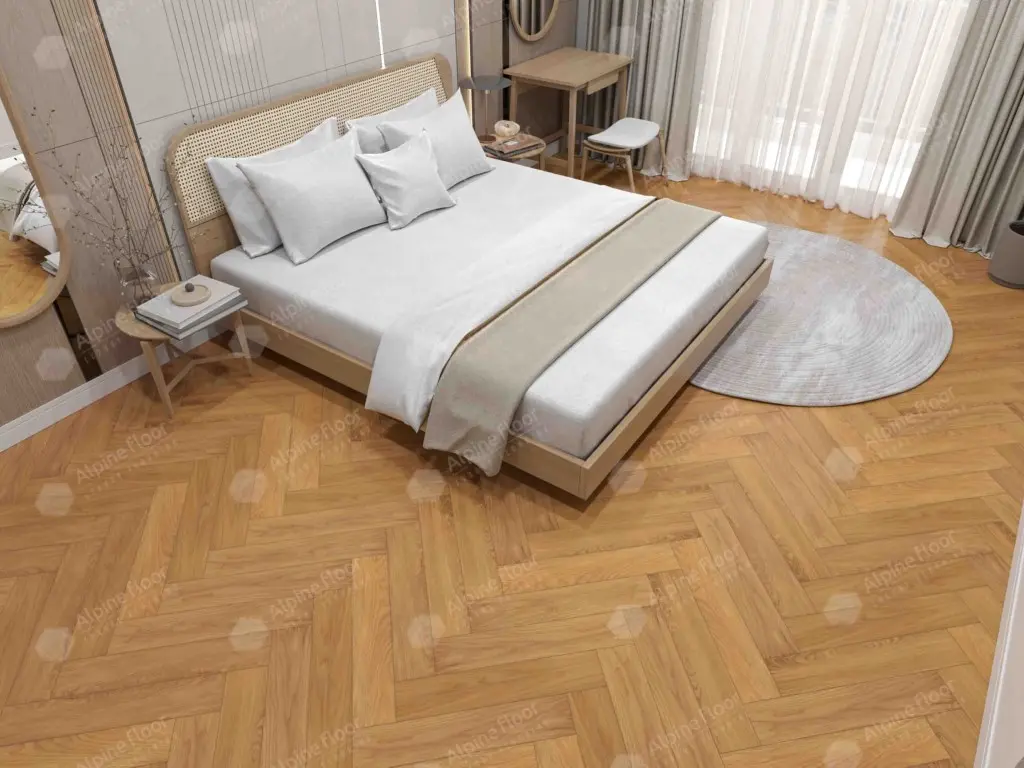 Инженерная доска Alpine Floor Castle Дуб Хани EW202-05 венгерская елка 600×120×12 фото в интерьере