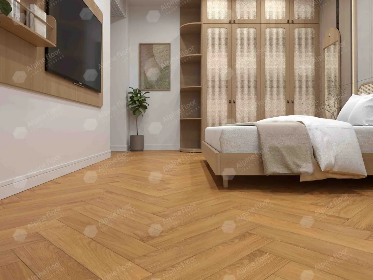 Инженерная доска Alpine Floor Castle Дуб Хани EW202-05 венгерская елка 600×120×12 фото в интерьере