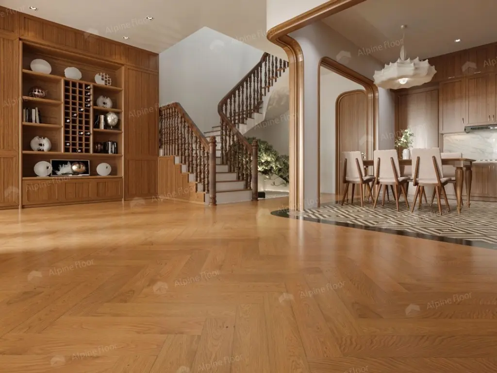 Инженерная доска Alpine Floor Castle Дуб Кальвадос EW202-07 венгерская елка 600×120×12 фото в интерьере