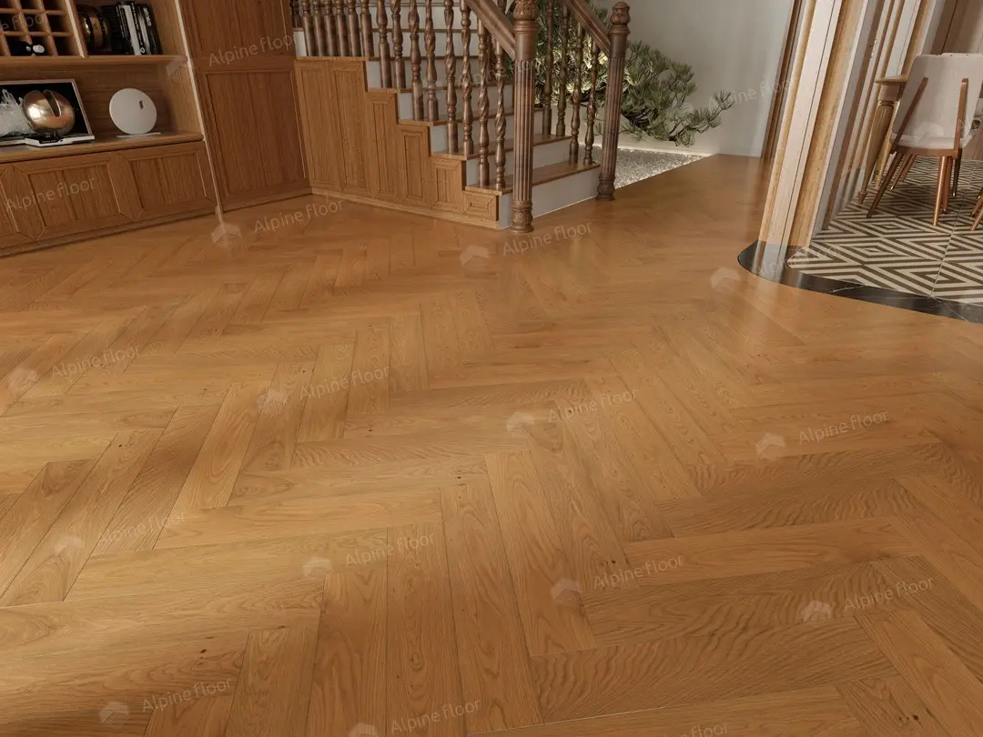 Инженерная доска Alpine Floor Castle Дуб Кальвадос EW202-07 венгерская елка 600×120×12 фото в интерьере