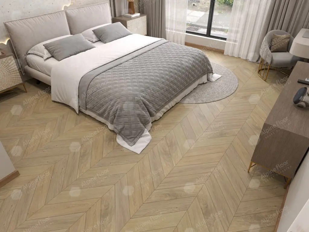 Инженерная доска Alpine Floor Chateau Дуб Милкшейк EW203-02 французская елка 600×120×12 фото в интерьере