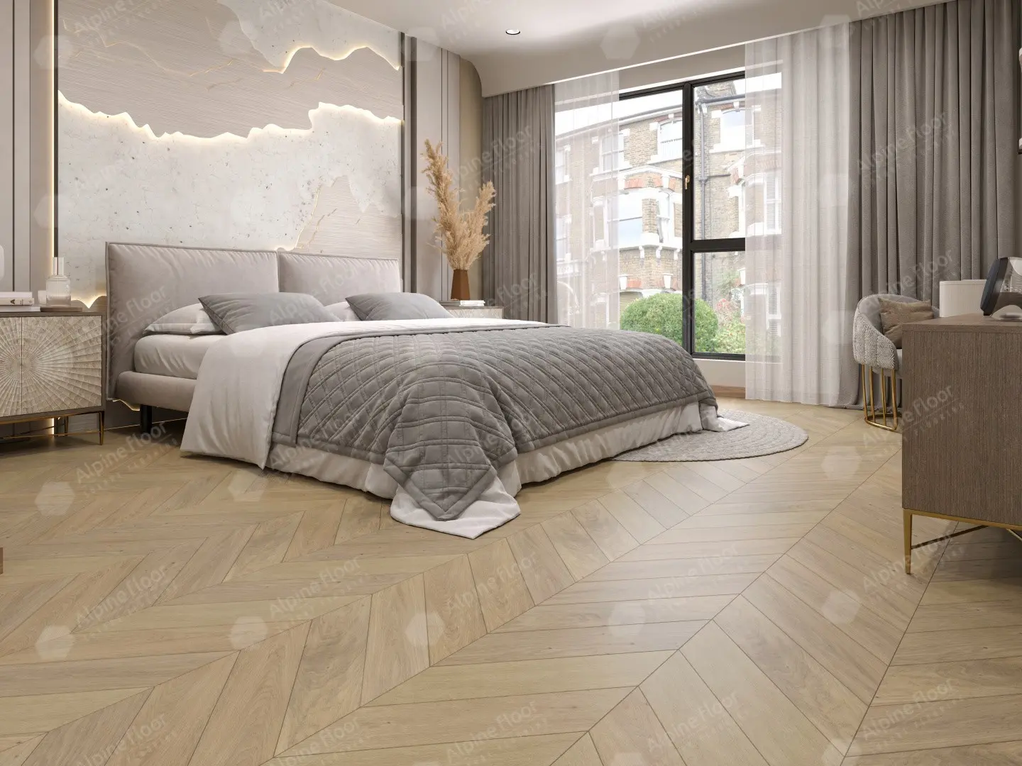 Инженерная доска Alpine Floor Chateau Дуб Милкшейк EW203-02 французская елка 600×120×12 фото в интерьере