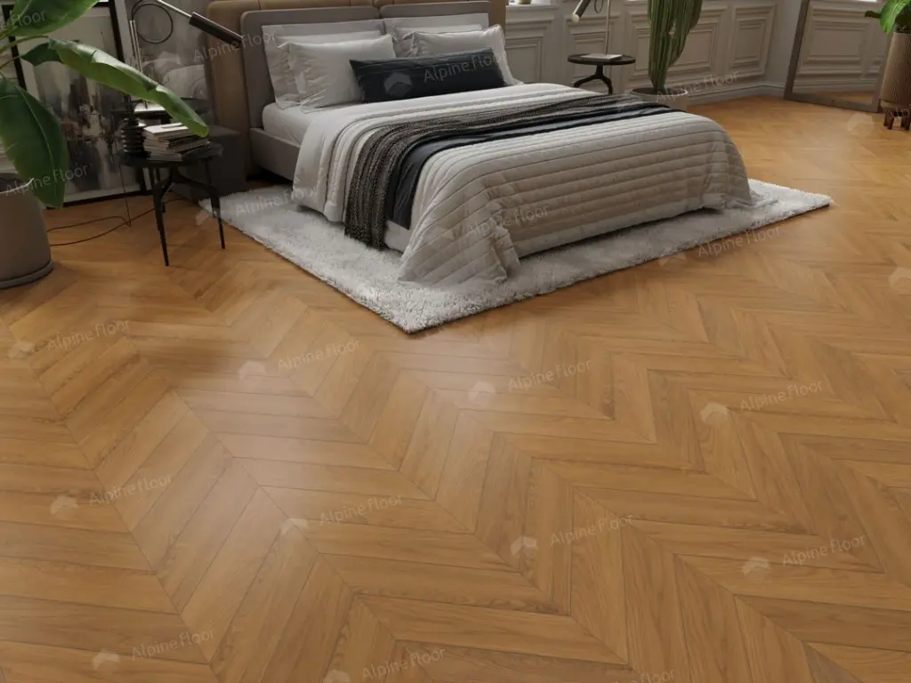 Инженерная доска Alpine Floor Chateau Дуб Хани EW203-05 французская елка 600×120×12 фото в интерьере