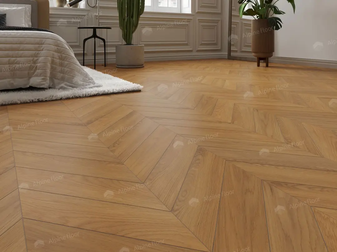Инженерная доска Alpine Floor Chateau Дуб Хани EW203-05 французская елка 600×120×12 фото в интерьере