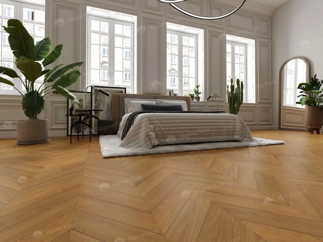 Инженерная доска Alpine Floor Chateau Дуб Хани EW203-05 французская елка 600×120×12 фото в интерьере