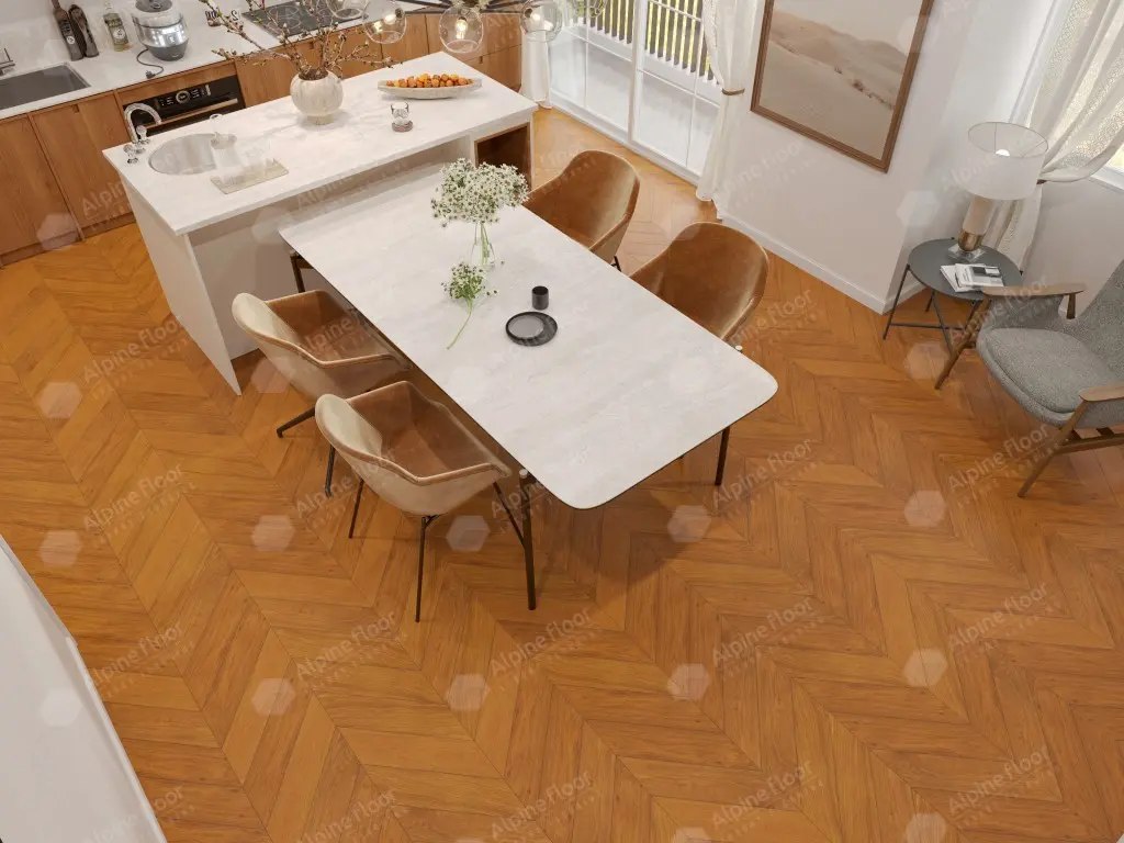 Инженерная доска Alpine Floor Chateau Дуб Имбирный EW203-06 французская елка 600×120×12 фото в интерьере