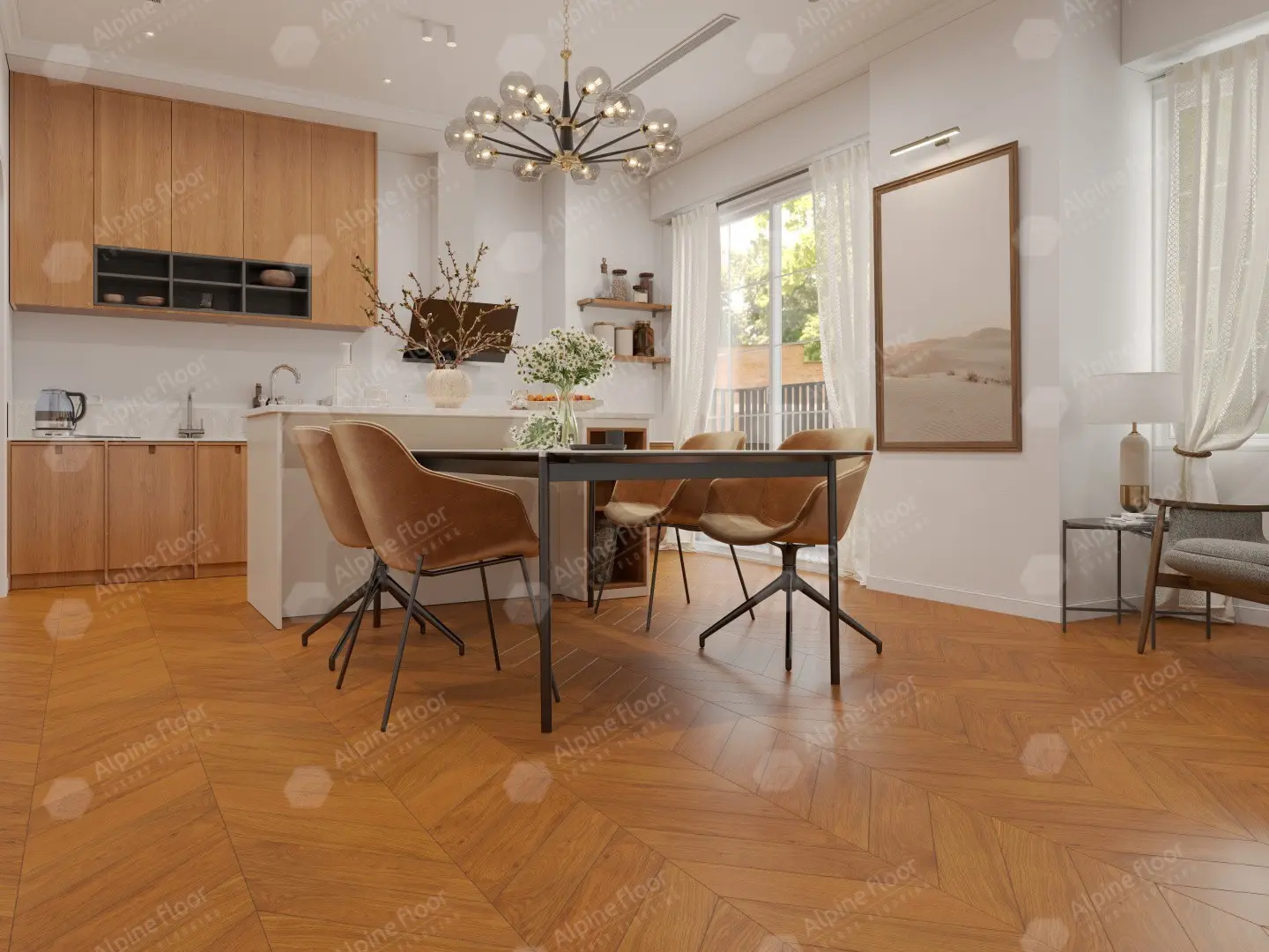 Инженерная доска Alpine Floor Chateau Дуб Имбирный EW203-06 французская елка 600×120×12 фото в интерьере