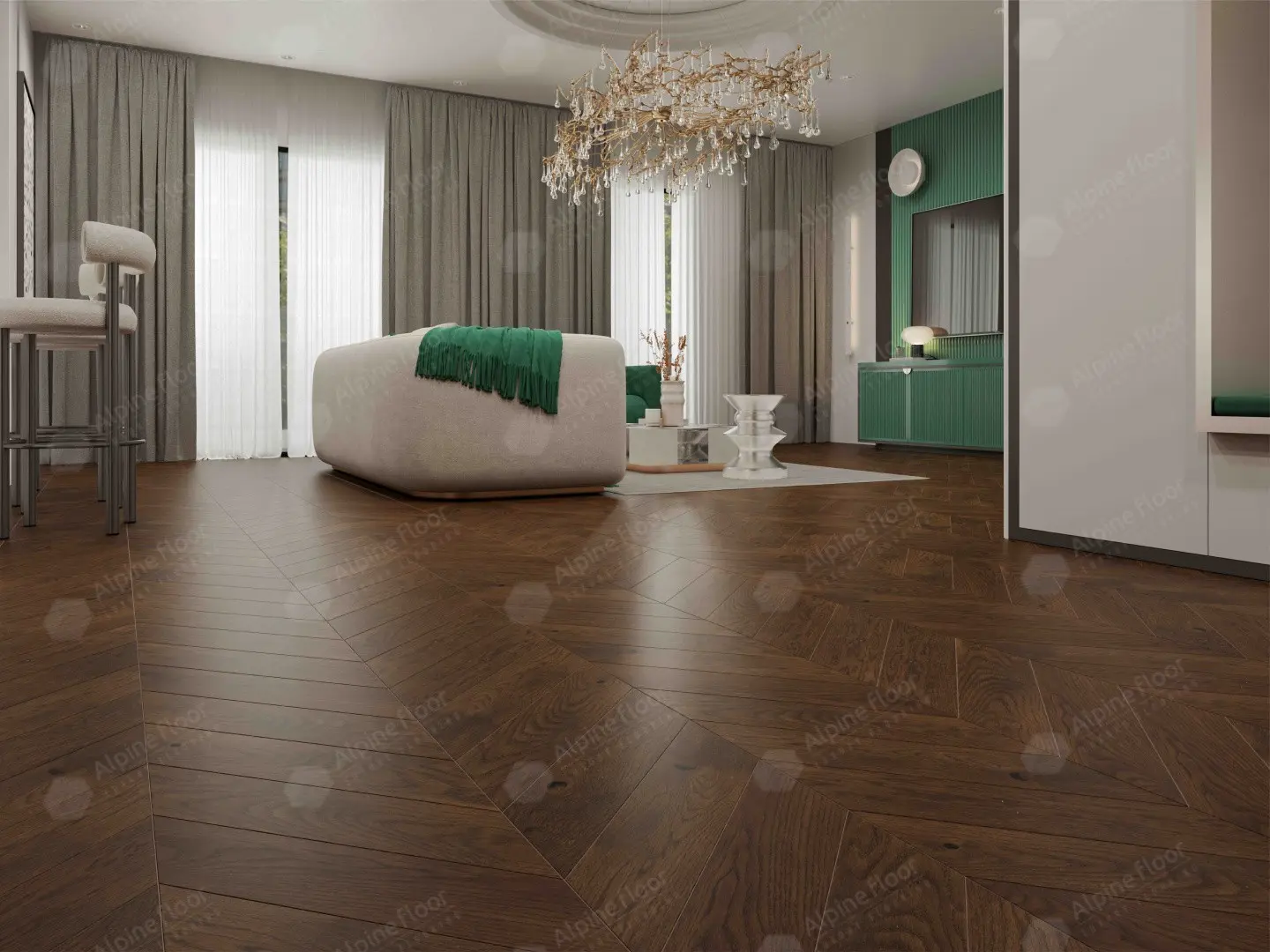 Инженерная доска Alpine Floor Chateau Дуб Тобакко EW203-08 французская елка 600×120×12 фото в интерьере