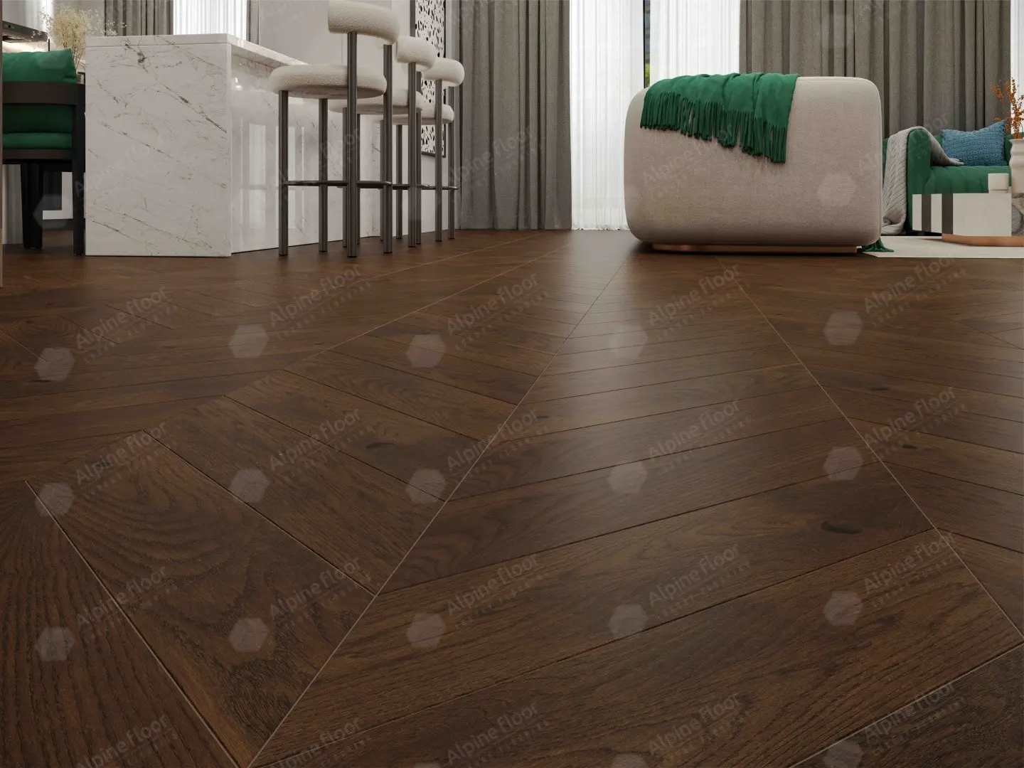 Инженерная доска Alpine Floor Chateau Дуб Тобакко EW203-08 французская елка 600×120×12 фото в интерьере