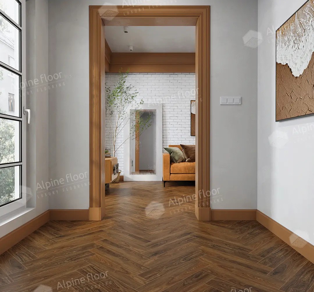 Кварцвиниловый SPC ламинат Alpine Floor Nut Кенари ECO 22-4 венгерская елка 600×125×4 фото в интерьере