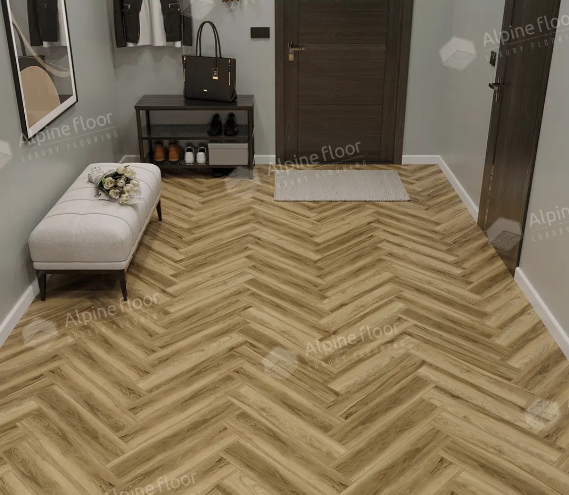 Кварцвиниловый SPC ламинат Alpine Floor Nut Акорн ECO 22-6 венгерская елка 600×125×4 фото в интерьере
