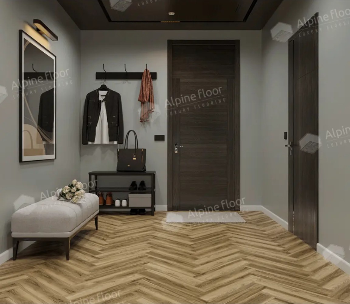 Кварцвиниловый SPC ламинат Alpine Floor Nut Акорн ECO 22-6 венгерская елка 600×125×4 фото в интерьере