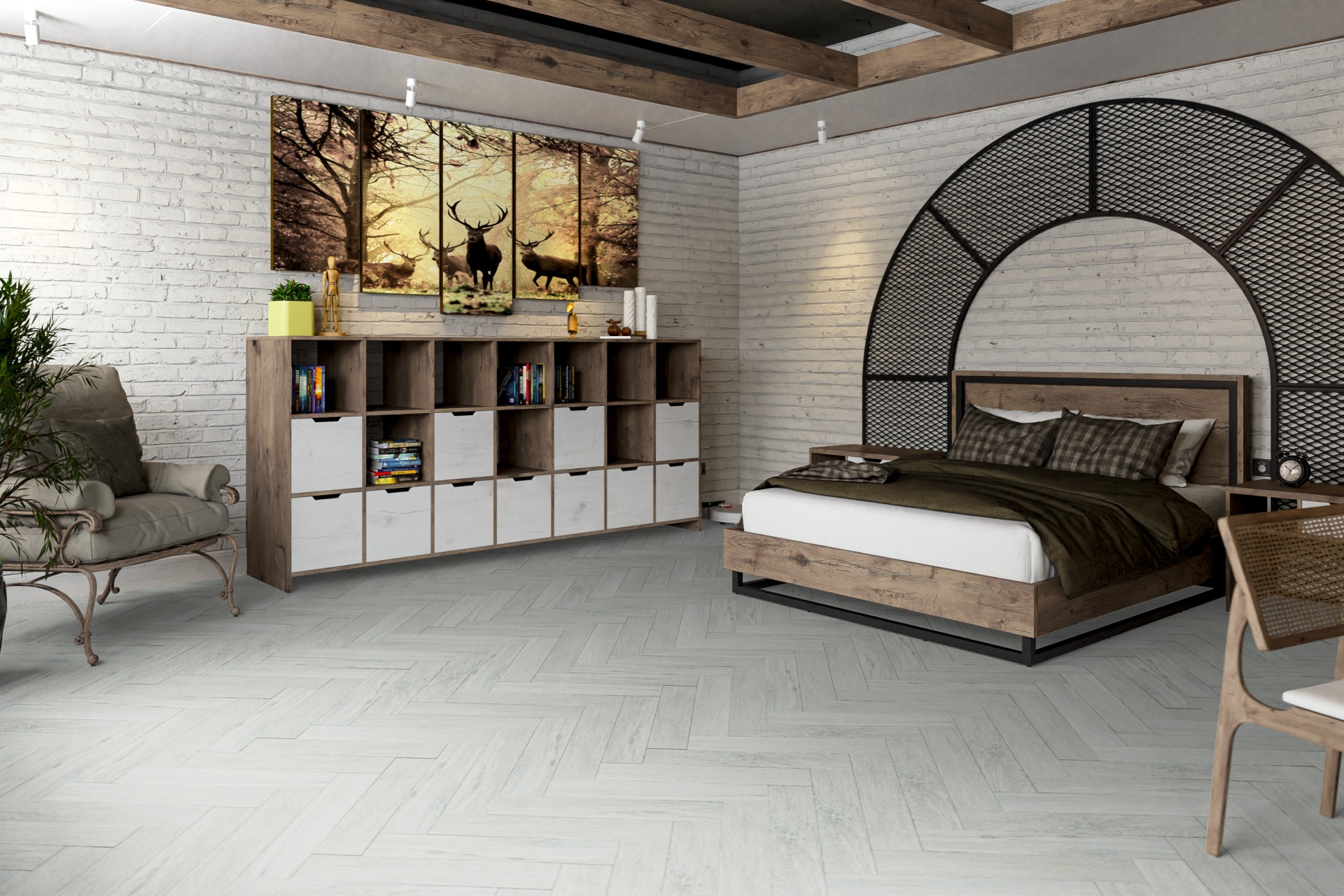 Кварцвиниловая плитка Damy Floor клеевая London LVT Кардифф Cardiff 191023EL-05-LVT венгерская елка 590×118×2,5 фото в интерьере